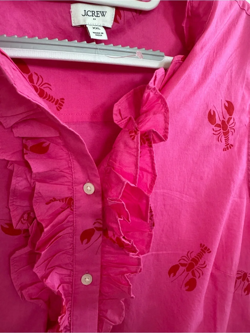 J.Crew Factory Pink Lobster Print Ruffle Front Button Down Tank Top XXL